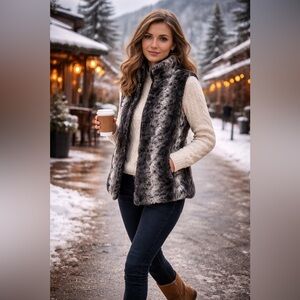 Reversible Faux Fur Vest Womens Gray Black Zip Up Winter Soft Plush Jacket